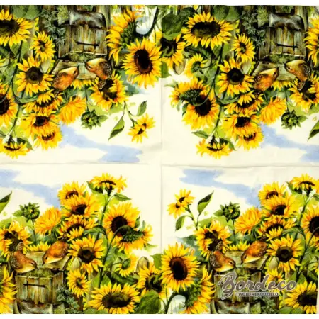 Serwetka do decoupage firmy IHR słoneczniki  w ogrodzie z ptaszkami 33x33 IHR Unikat 33x33cm.